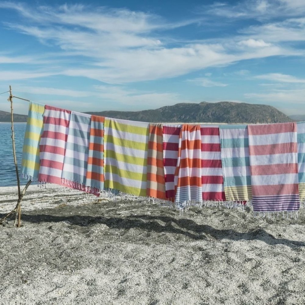 Striped 100% cotton Turkish pestemal towel olive and purple combo - Picture 2 of 2